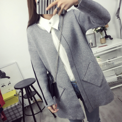 2016冬季新款韩版女装秋装腈纶通勤直筒单件长袖中长款开衫毛衣