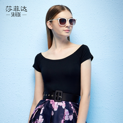 莎菲达2015夏季新款纯色大圆领一字领短袖棉T恤女 修身打底衫上衣