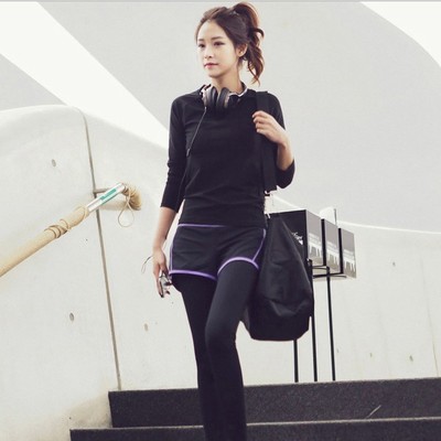2015爆款假两件一体韩版瑜伽服紧身衣裤长袖健身衣运动休闲套装女