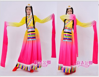 藏族舞蹈服装 演出服装 民族服装 秧歌服加长水袖 新款藏族舞台服