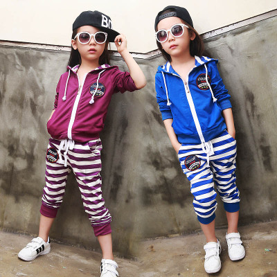 2015新款女童套装中大儿童春装8韩版9长袖10岁女孩运动条纹两件套