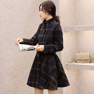 2015秋冬新款羊绒呢子大衣女韩版气质显瘦中长款加厚格子毛呢外套