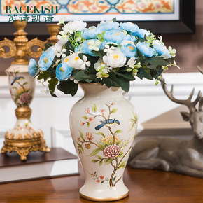 芮诗凯诗 美式乡村陶瓷彩绘花瓶装饰品样板房间客厅电视柜插花器