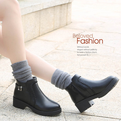 2015秋冬款韩国代购新潮马丁靴粗跟低跟短靴学院风皮带扣百搭女鞋