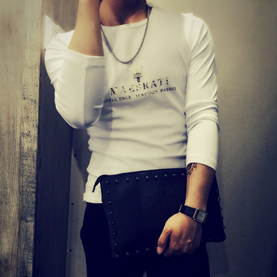 秋夏季新款韩版修夜店男士圆领烫金长袖体恤发型师纯棉紧身T恤衫