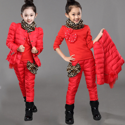 2015童装冬款女童加厚三件套儿童加绒运动棉衣套装中大童冬季衣服
