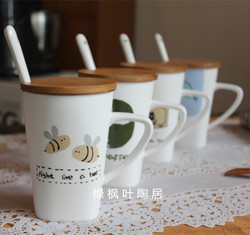 陶瓷水杯子zakka牛奶茶杯陶瓷水杯子卡通马克杯骨瓷咖啡杯带盖勺