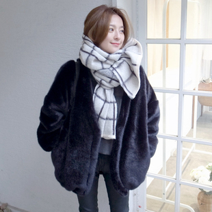 韩国代购2015秋冬新款水貂毛皮草外套V领蝙蝠袖仿皮草大衣外套女