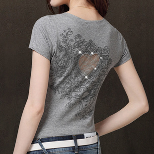 【聚】短袖T恤女 2015新款韩版蕾丝印花V领民族风烫钻镂空体恤衫