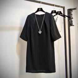 2015春夏韩版黑白条纹连衣裙圆领H型直筒裙宽松显瘦大码连衣裙
