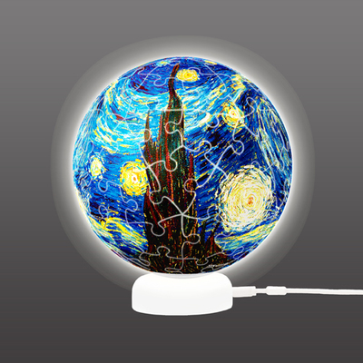 包邮㊣3D-JP立体球形拼图 梵高星夜3寸60片LED声控夜光灯儿童玩具