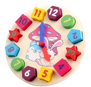 儿童时间认知木制积木时钟认知玩具宝宝卡通数字拼图钟表形状配对
