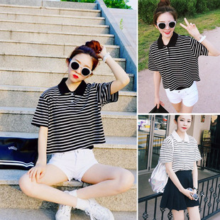2015夏装新款韩版学院风上衣休闲宽松显瘦翻领条纹短款短袖T恤女