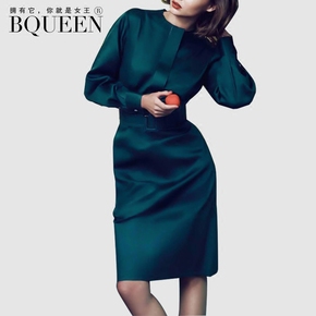 Bqueen2016早秋新款欧美时尚圆领长袖修身一步裙OL职业连衣裙女装