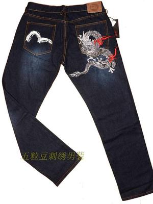 个性新款中国风牛仔裤刺绣金龙中国龙直筒水洗蓝牛仔男长裤加大