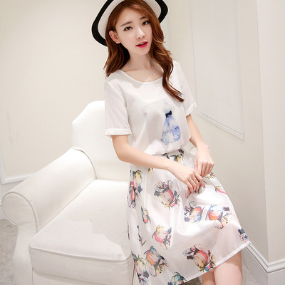 套装中裙子夏季2016新款韩版女装印花雪纺短袖欧根纱两件套连衣裙