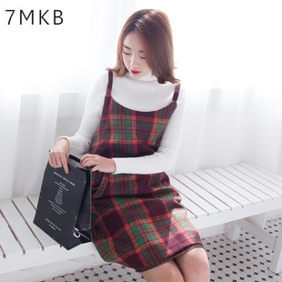 7MKB2015韩版修身格子毛呢新款吊带裙女甜美显瘦无袖打底连衣裙