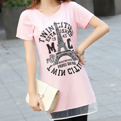 2015夏季韩版中长款宽松短袖蕾丝拼接铁塔印花棉T恤女潮体