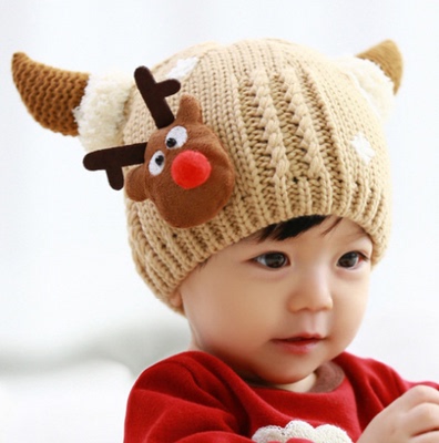 婴儿宝宝帽子秋冬 0-1-2岁男女童韩国儿童牛角加绒套头帽毛线帽