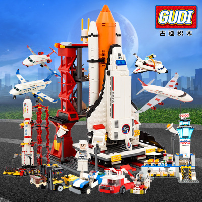 古迪益智拼装积木航天火箭发射航空机场飞机儿童军事科幻模型玩具