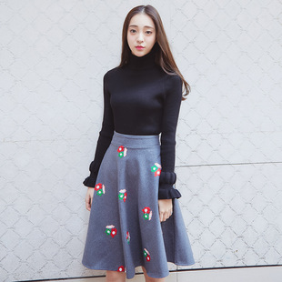 2016灰色拼接女装春装新款韩版甜美立领纯色条纹针织毛衣