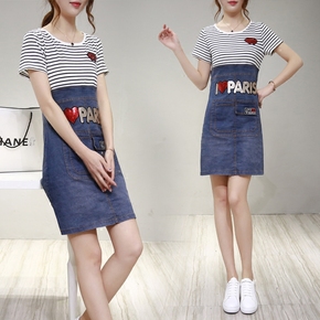2016夏新款韩版修身显瘦中长款纯棉条纹短袖拼接时尚薄牛仔连衣裙