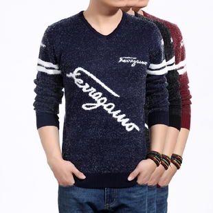 2015冬男羊毛衫韩版针织衫V领套头青少年加厚修身中学生毛衣男装