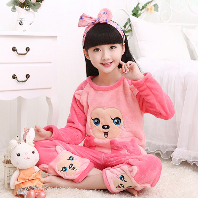 儿童睡衣秋冬季法兰绒韩版可爱卡通珊瑚绒母女亲子女士家居服套装