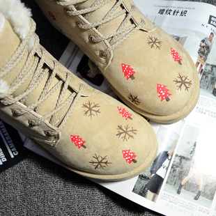 圣诞树短筒小清新手绘雪地靴女 防滑短靴加绒加厚冬季棉鞋子学生