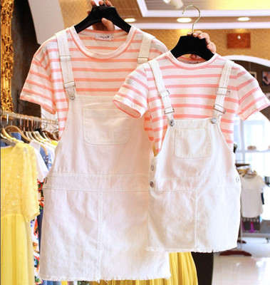 2015夏韩版亲子母女装海军条纹T恤破洞休闲背带牛仔连衣裙套装潮