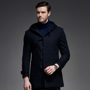 2015冬季男商务中长款单排扣加厚呢子大衣连帽毛呢外套