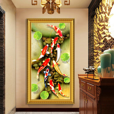 玄关装饰画竖版过道客厅挂画现代简约时尚大气餐厅九鱼图装饰画