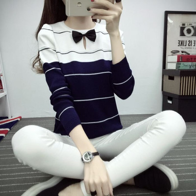 秋季新品女小衫学生韩版修身显瘦圆领长袖条纹T恤上衣打底针织衫