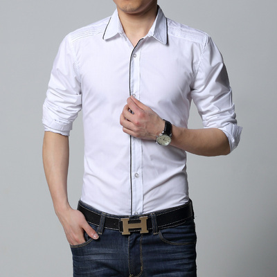 秋季男士休闲长袖衬衫男韩版修身型寸衫商务青年白衬衣潮时尚男装
