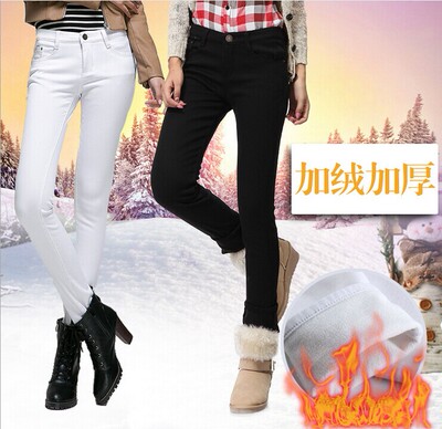 新款冬季加绒牛仔裤女韩版大码显瘦弹力彩色铅笔裤外穿打底小脚裤