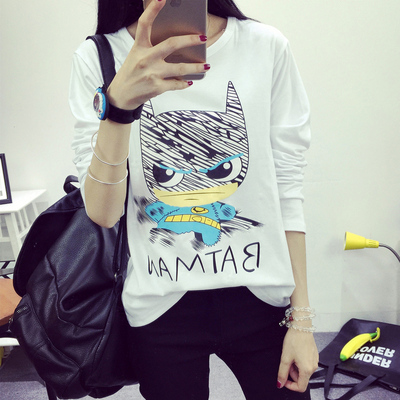 春秋韩版新款宽松女t恤上衣显瘦卡通蝙蝠侠印花个性学生减龄衣服