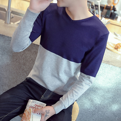 2016秋季韩版修身男士毛衣时尚休闲V领拼色针织衫潮长袖T恤打底衫
