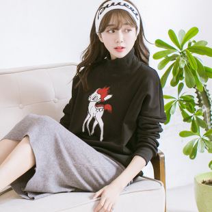 2015韩国东大门韩版女装卡通小鹿印花高领女式卫衣套头衫