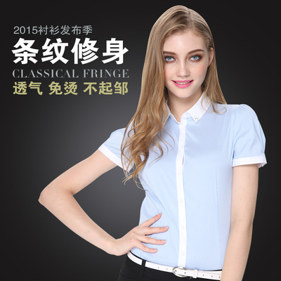 蓝色细条纹短袖衬衫女夏OL职业装修身大码商务棉工作服
