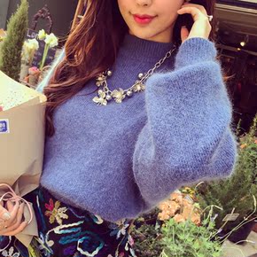 2015冬季新款半高领毛衣女韩版套头加厚针织衫短款宽松袖上衣森女
