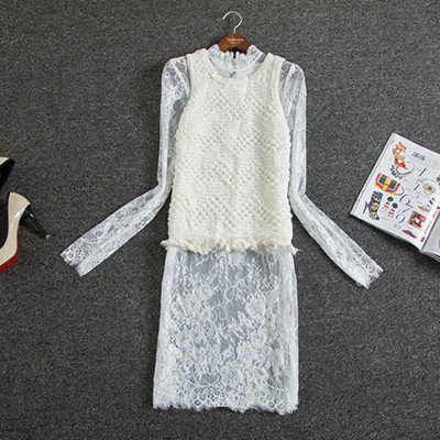 2015秋冬韩版蕾丝拼接麻花毛衣套头两件套中长款背心拼连衣裙