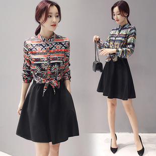 2016秋装新款韩版收腰显瘦假两件套中长款气质连衣裙子