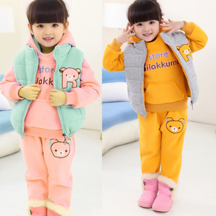 2014冬款儿童马甲卫衣三件套 时尚韩版男女童卡通小熊套装 加厚套
