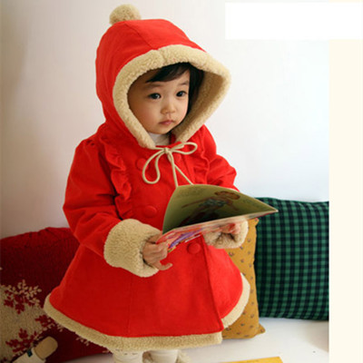 女童保暖外套 羊羔绒衬里大红色圣诞连帽外套大衣/儿童棉衣棉袄