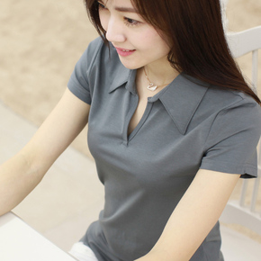 夏季新款韩版女士短袖T恤莫代尔纯棉修身百搭翻领大码打底衫衬衣