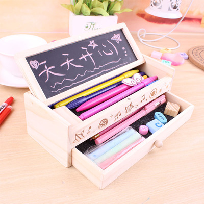 多功能韩国创意学生木质文具盒 黑板双层铅笔盒 男女学生儿童礼物