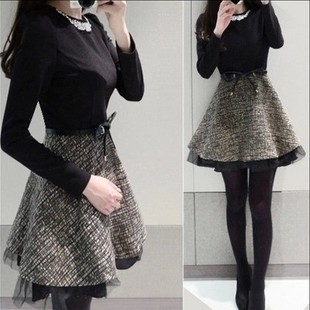 2015最新款秋冬韩版女装气质修身打底裙大码拼接假两件连衣裙