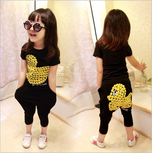 童装女童夏运动套装2015韩国儿童短袖T恤 时尚垮裤套装小童女装潮