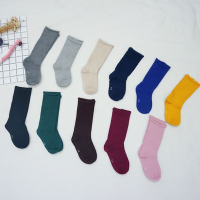 16秋冬新款韩国儿童堆堆袜中筒袜男童女童纯色松口卷边袜高筒袜潮
