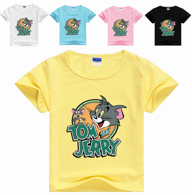 男童女童2017纯棉短袖T恤猫和老鼠印花儿童卡通长袖多色斜拼肩T恤